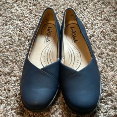 Navy Flats, Comfy And Nice For Casual Wear Or Business. Never Worn. Comfortable Blue Slip-ons With Cushioned Footbed, Comfortable Blue Slip-ons With Round Toe, Comfortable Blue Slip-ons With Removable Insole, Blue Slip-on Flats, Blue Round Toe Slip-ons With Arch Support, Comfortable Blue Walking Shoes With Flat Heel, Comfortable Flat Blue Walking Shoes, Blue Slip-on Walking Shoes With Round Toe, Comfortable Blue Synthetic Slip-ons