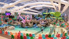 an artist's rendering of the inside of a water park with colorful chairs and slides