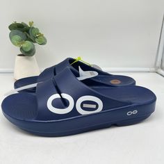 Oofos Ooahh Sport Recovery Sandals Womens 10 Mens 8 Blue White Slide Slip On Nwt Blue Slides With Cushioned Footbed For Outdoor Activities, Casual Blue Slides With Arch Support, Comfortable Blue Slides For Outdoor, Blue Slides With Round Toe For Outdoor, Blue Flat Slides For Outdoor, Oofos Shoes, Recovery Sandals, Sports Recovery, White Slides