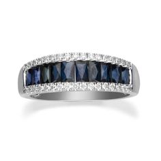 Decorate yourself in  elegance with this Ring is crafted from 10-karat White Gold by Gin & Grace  Ring. This Ring is made up of 3.5X2 Baguette-Cut Blue Sapphire (10 pcs) 1.28  carat and Round-cut White Diamond (34 Pcs) 0.25 Carat. This Ring is weight 2.78  grams. This delicate Ring is polished to a high finish shine. Formal Sapphire Half Eternity Rings, Formal Sapphire Diamond Ring With Half Eternity Setting, Formal Sapphire Diamond Ring With Half Eternity, Formal White Gold Sapphire Ring With Half Eternity, Formal Silver Sapphire Ring With Half Eternity, Blue Sapphire Diamond Ring, Eternity Engagement Ring, Blue Sapphire Ring, Blue Sapphire Diamond