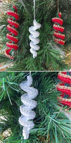 christmas ornaments hanging from a tree with red and white decorations on them, in the shape of spirals