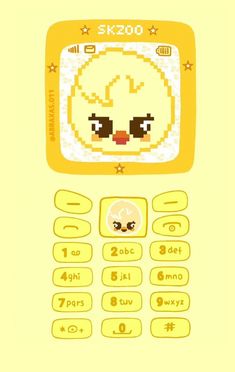 an old cell phone with a cartoon character on the front and bottom panel, in yellow