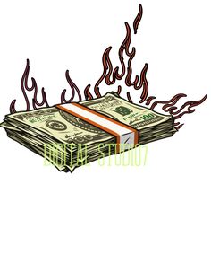 a stack of money with flames coming out of it