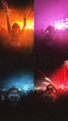 four images of people at a concert with their arms in the air and lights on