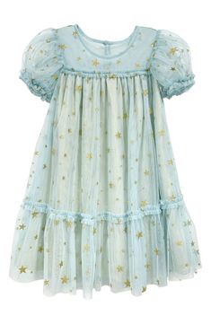 Dazzling stars decorate this puff-sleeve mesh dress that'll have your little darling ready for their next special occasion. Lined 100% polyester Hand wash, line dry Imported Print Mesh Dress, Rompers Dressy, Quilt Dress, Light Blue Aesthetic, Toddler Quilt, Kid Clothes, Dressy Dresses, Dresses Kids Girl, Aesthetic Vintage