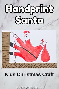 This is a fun new way to make Santa handprint crafts for kids. Turn your handprint into a picture of Santa climbing up the chimney, complete with sack of gifts and a friendly smile.