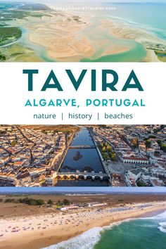 the aerial view of algarve, portugal with text overlaying it