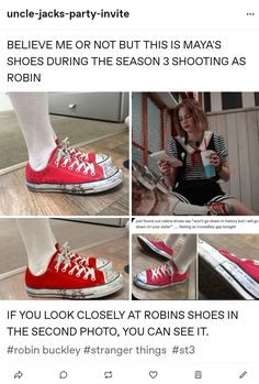 an image of someones feet with red converse shoes on and the caption reads, if you look closely at robin's shoes in the second photo, you can see it