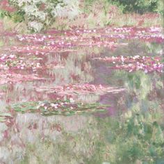 a painting of water lilies and trees in the background