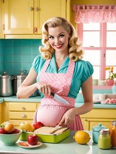 a woman in an apron is cutting up some food