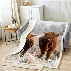 two long haired cows standing in the snow on a blanket