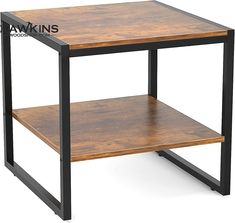 a wooden table with metal frame and shelf on the bottom, against a white background