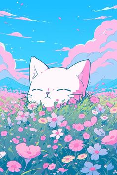 a white cat laying in the middle of a field of flowers with clouds above it