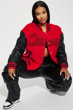 Available In Red/Black. Bomber Collar Verbiage Faux Leather Sleeves Stripe Details Button Closure Oversized Self: 100% Polyester PU Lining: 85% Polyester 10% Rayon 5% Wool Imported | Chi Town Girl Bomber Jacket in Red/Black size XS by Fashion Nova