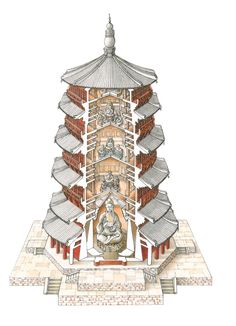 an architectural drawing of a pagoda in the shape of a building with people on it