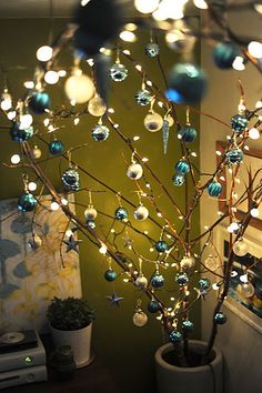 a christmas tree with blue and white ornaments