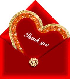 an open red envelope with a thank you message in the center and a heart on it