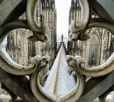 the view through an ornate iron gate at a cathedral in england, looking down on gothic architecture