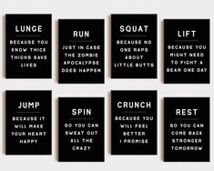 six black and white posters with different words on them, including the words jump, run, squat, squat