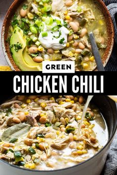 chicken chili with avocado and sour cream in a pot