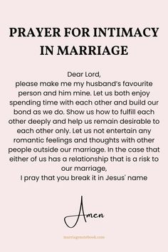 a poem written in black and white with the words prayer for intimacy in marriage