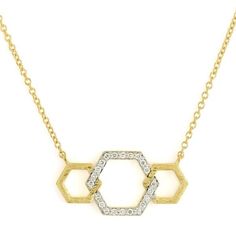 This 18k yellow gold necklace features a triple hexagon intertwined design with a total diamond weight of 0.11 carats. The necklace is a stunning piece of women's jewelry that adds elegance and sparkle to any outfit. Perfect for special occasions or everyday wear. From the JudeFrances collection. Elegant Octagon Yellow Gold Diamond Necklace, Elegant Yellow Gold Octagon Diamond Necklace, Elegant Hexagon Diamond Cut Necklace, Elegant Gold Hexagon Jewelry, Gold Hexagonal Jewelry With Diamond Accents, Hexagon Gold Jewelry With Diamond Accents, Gold Hexagon Jewelry With Diamond Accents, Gold Hexagon Necklace, Gold Octagon Necklace With Diamond Accents