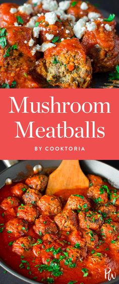 mushroom meatballs in a red sauce with parsley on top and the title overlay reads mushroom meatballs by cooktoriia