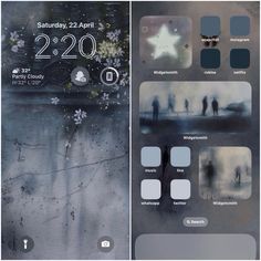 an iphone screen with two different images on it and the same one showing people walking in the rain