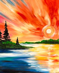 an acrylic painting of a sunset over a lake with trees in the foreground