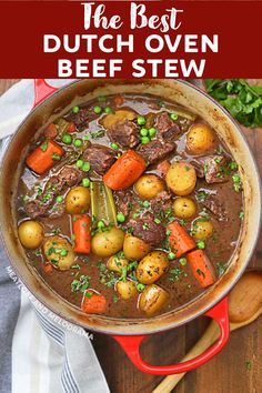 beef stew in a pot with carrots, potatoes and parsley on the side