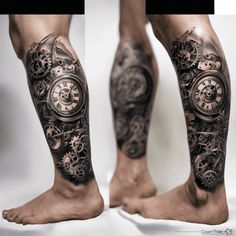 a man's leg with a clock and gears tattoo on it