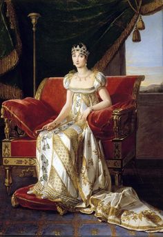 a painting of a woman wearing a tiara sitting on a red couch in front of a window