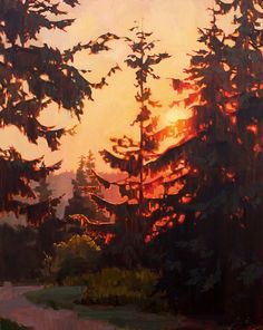 a painting of the sun setting behind some trees