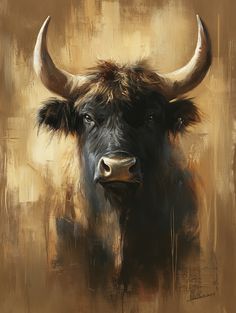 a painting of a bull with large horns on it's head and brown background