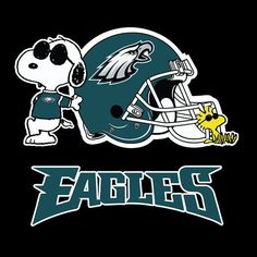 the philadelphia eagles logo on a black background with snoopy and football helmet in the center