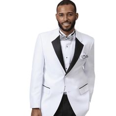 "This Classic Fit Tuxedo Comes With A Two Button Jacket Closure, Full Black Satin Notch Lapel, Satin Covered Buttons, And A Non-Vented Design. The Fabric Is Quality White Microfiber. The Pants Are Solid Black With A Single Pleat And Relaxed Fit Design. The Pants Come With A Six-Inch Drop And Are Adjustable, Allowing Them To Be Let Out 2 Inches Or Taken In Up To 4 Inches. The Pants Also Come Unfinished At The Bottom For Custom Hemming." Tuxedo Shirt For Men, Button Jacket, Jacket Buttons, Covered Buttons, Black Satin, Mens Suits, Solid Black, Blazer Suit, Black Color