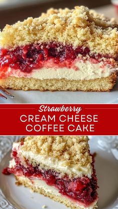 strawberry cream cheese coffee cake with crumbs on the top and bottom layer is shown