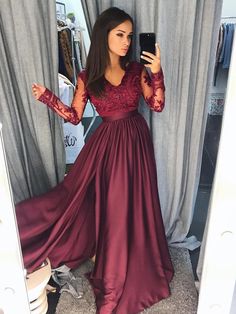 Long Sleeved Burgundy Lace Prom Dress, Burgundy Formal Dress, Lace Evening Dress on Storenvy Navy Blue Lace Prom Dress, Prom Dresses Long Sleeves, Cheap Prom Dresses Uk, Burgundy Lace Top, Burgundy Formal Dress, Dresses Long Sleeves, Lace Prom Dresses, Robes D'occasion, V Neck Prom Dresses