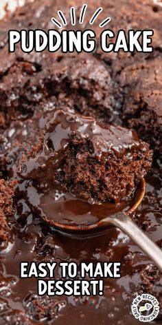 a close up of a spoon with cake on it and the words pudding cake easy to make dessert