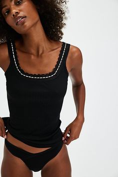 So simple with sweet details, this classic tank is featured in a sheer ribbed cotton knit with ribbon-adorned lace trim. **Fit:** Form-fitting, full length **Features:** Semi-sheer cotton rib, scoop neckline, lace straps and trim with ribbon detailing **Why We | Only You Tank Top by Intimately at Free People in Black, Size: S Free People Summer, Trim Fit, Lace Straps, Knitted Tank Top, Cami Tanks, Knit Tanks, Black Fits, Cotton Knit, Boho Outfits