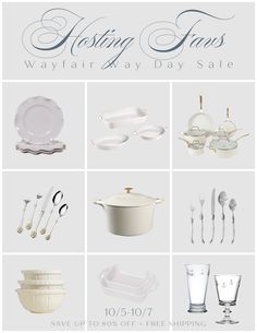 white dishes and utensils are featured in this ad for westing fine linens