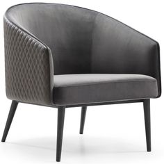 a gray chair with black legs and a quilted upholstered armrests