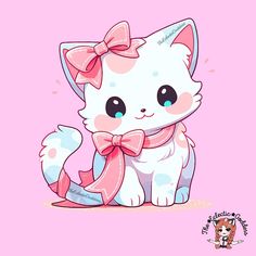 a white cat with a pink bow on its neck