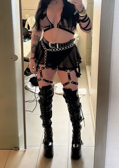 Hot All Black Outfits, Headbanger Rave Outfit, Goth Edm Outfit, Zombie Rave Outfit, Rave Outfits Inspo Women, Valentines Rave Outfit, Devil Rave Outfit, Goth Revealing Outfit, Vampire Rave Outfit