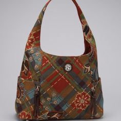 Flaunting A Fresh, Earth-Toned Pattern, This Carrier Totes Everyday Essentials With A Little Colorful Flair. The Gracie Collection Has A Unique Style Of Flowers On Plaid In Rust, Brown, Tan, And Green With A Touch Of Blue. Features Rich Brown Leather Accents And A Comfortable Linen Shoulder Strap With Open Top. Interior Has 2 Print Open Pockets And A Zippered Pocket. Two Large Exterior Pockets And Two Small Exterior Zippered Pockets. Quality Construction Of French Linen And Genuine Leather. 13.5 Multicolor Rectangular Hobo Bag With Zipper, Hobo Bag With Zipper Closure For On-the-go, Plaid Bags With Adjustable Strap, Plaid Rectangular Shoulder Bag With Adjustable Strap, Spartina 449, Multicolor Shoulder Bag With Zipper Pocket For On-the-go, Leather Accents, French Linen, Everyday Essentials