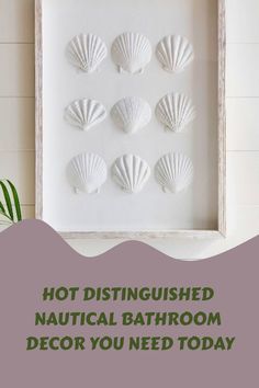 a white framed photo with seashells on it and the words hot distinguished nautical bathroom decor you need today