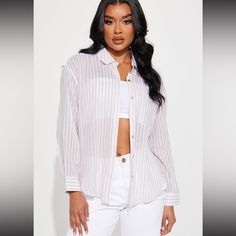 New With Tag Striped Button Up Size Large Oversized Striped Shirt, Flattering Outfits, Fashion Nova Tops, Striped Long Sleeve Shirt, Cozy Outfit, Women Shirts Blouse, Shirt Long Sleeve, Shirts Blouses, Striped Shirt