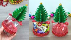 two pictures side by side one has a christmas tree in a bag and the other has candy