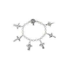 This bracelet beautifully captures the life of our Savior in six charms: birth, baptism, miracles, last supper, crucifixion and resurrection. Each cross has the name of Christ's significant event inscribed on the back, and the corresponding chapter from the book of Luke in the Bible - Complete with a crown of thorns toggle set! · Sterling silver · 7 1/2" length · Cross 1"L x 1/2"W · Handcrafted toggle clasp · Made in New Orleans · 1 year warranty · Complimentary gift packaging · Free shipping · Spiritual Silver Cross Charm Bracelet, Spiritual Silver Charm Bracelet With Cross, Silver Spiritual Rosary Bracelet For Blessing, Spiritual Silver Rosary Bracelet With Charms, Book Of Luke, Names Of Christ, Free Postcards, Life Of Christ, Our Savior