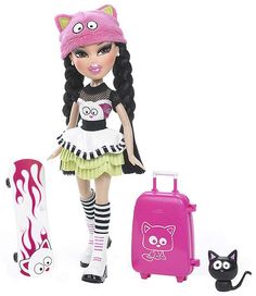 a doll is standing next to luggage and a black cat in a pink hat on the white background